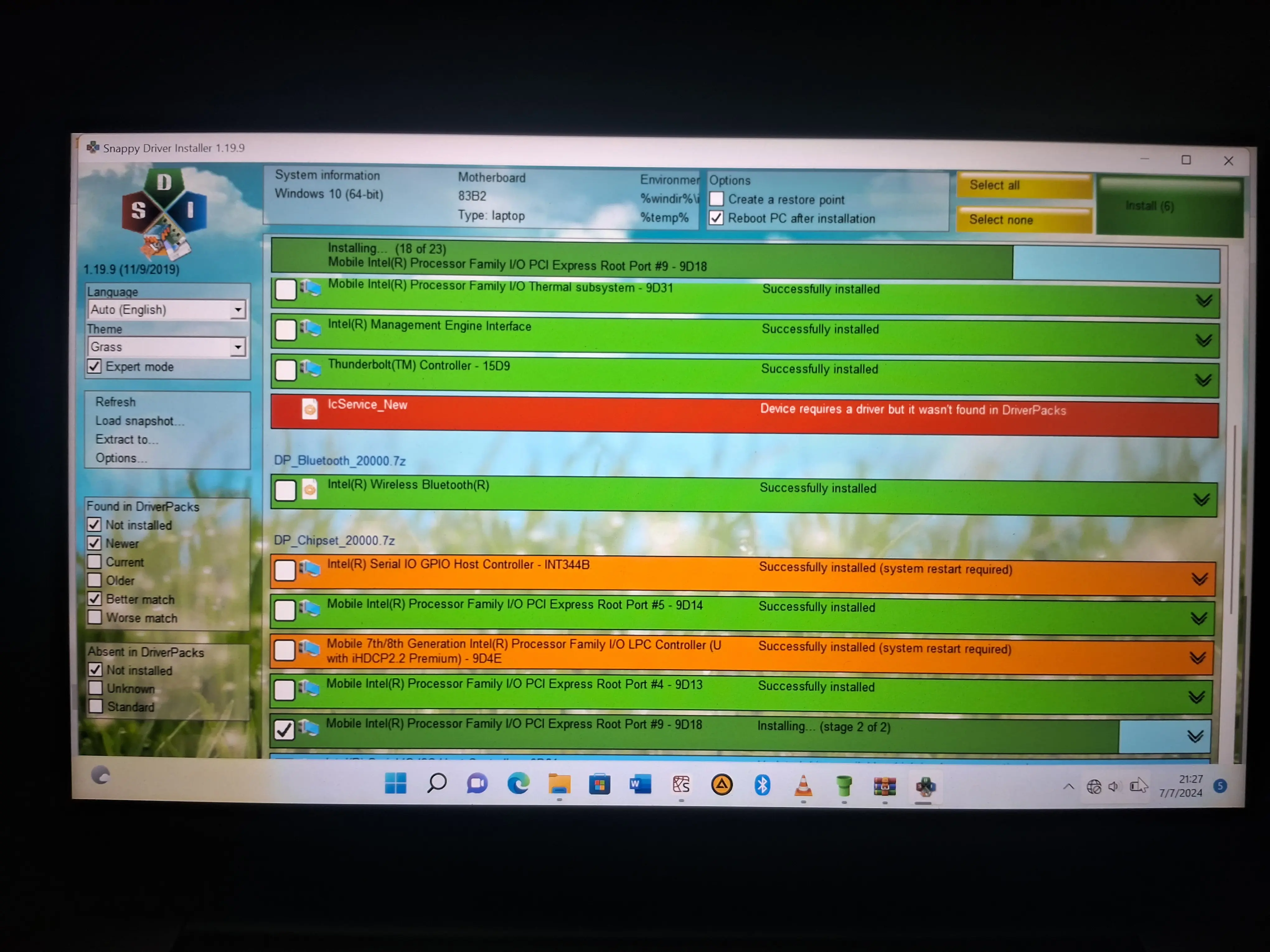 Device manager and driver installation on screen